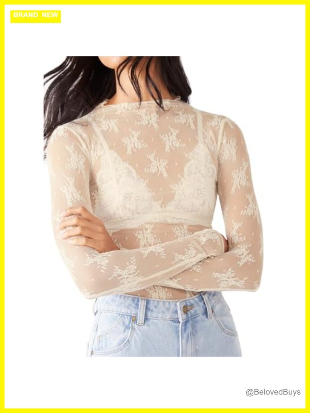 Women's Mesh Lace Long Sleeve Mock Neck Sheer Layering Top